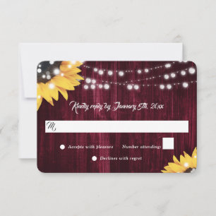 Elegante Burgunder-Sonnenblumen-Holz-Lichter-Hochz RSVP Karte