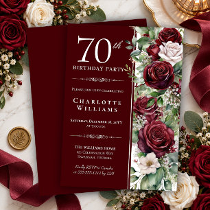 Elegante Burgunder-Weinrose Floral 70. Geburtstag Einladung