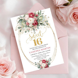 Elegante Burgunder-Weißgold-Blumen-Sweet-16-Einlad Einladung