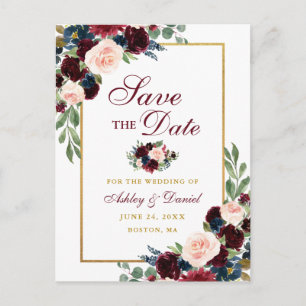 Elegante Burgunderblau Floral Gold Save-the-Date Ankündigungspostkarte