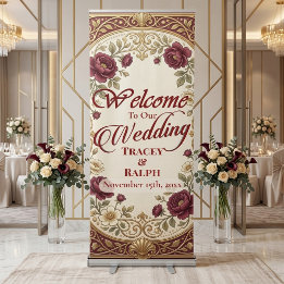 Elegante Burgunderrosen-Juwel-Töne Verzierte Hochz Ausziehbarer Banner