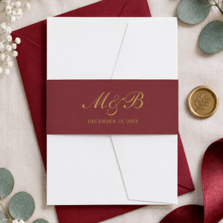 Elegante Burgunderrot Gold Monogramm Schrift Hochz Einladungsbanderole