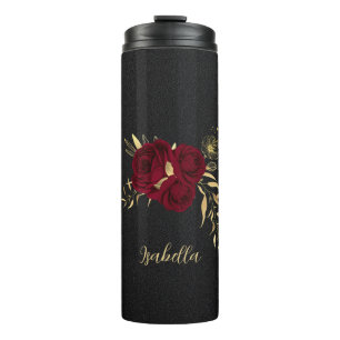 Elegante burgunderrote Blumen gold schwarz Thermosbecher