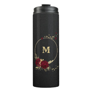 Elegante burgunderrote Blumen gold schwarz Thermosbecher