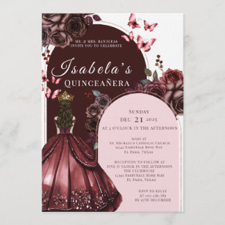 Elegante burgunderrote Blumen-Quinceanera-Einladun Einladung