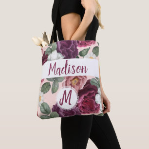 Elegante burgunderrote Blumen Trendige Anfangsmono Tasche
