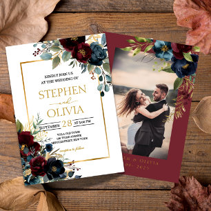 Elegante burgunderrote Blüten Hochzeitsfoto Einladung