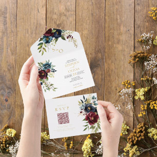 Elegante burgunderrote Blüten QR RSVP Hochzeit All In One Einladung
