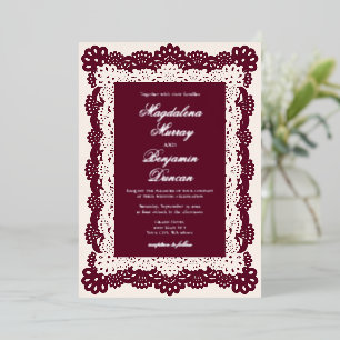 Elegante burgunderrote cremefarbene Spitzen-Hochze Folieneinladung