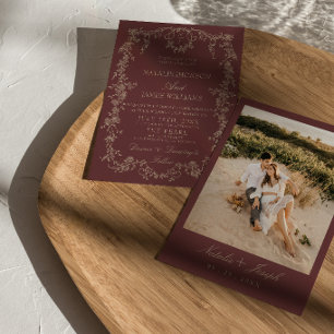 Elegante burgunderrote Floral-Hochhackige Hochzeit Einladung