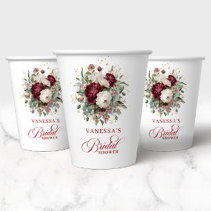 Elegante burgunderrote florale Brautparty-Papierbe Pappbecher