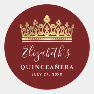 Elegante burgunderrote goldene Krone Quinceanera Runder Aufkleber
