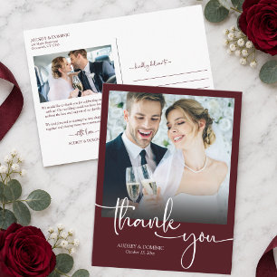 Elegante burgunderrote Hochzeits-Dankeskarten mit Postkarte