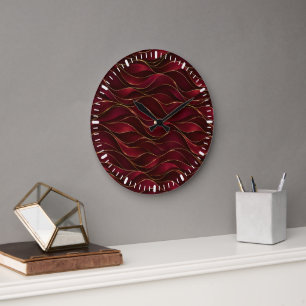 Elegante burgunderrote Marmorwellen mit goldenen A Große Wanduhr