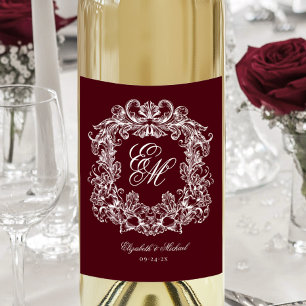 Elegante burgunderrote Monogramm-Wappen Hochzeit i Weinetikett