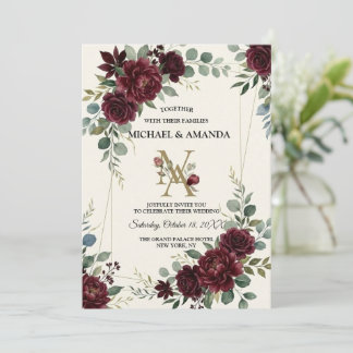Elegante burgunderrote Rosen botanische Hochzeit Einladung