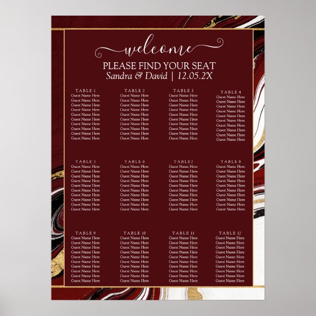 Elegante burgunderrote und goldene Marmor-Hochzeit Poster (Vorne)
