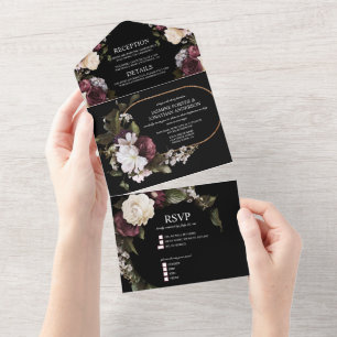 Elegante burgunderrote und rosa Blumenhochzeit All In One Einladung