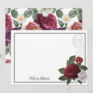 Elegante burgunderrote und rosa Blumenrosen Mitteilungskarte