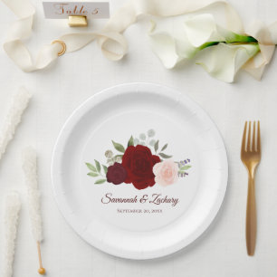 Elegante burgunderrote und rosa Rosen Hochzeit Pappteller