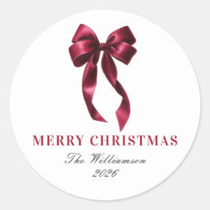 Elegante burgunderrote Wasserfarbe-Rote Schleife W Runder Aufkleber