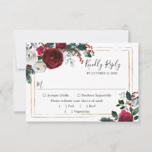 Elegante burgunderrote Winterrosen-Grünpflanzen-Ho RSVP Karte