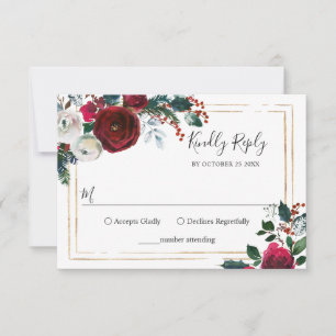 Elegante burgunderrote Winterrosen Hochzeit RSVP Karte