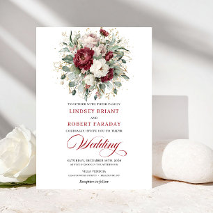 Elegante burgunderweiße Blumenhochzeitseinladung m Einladung