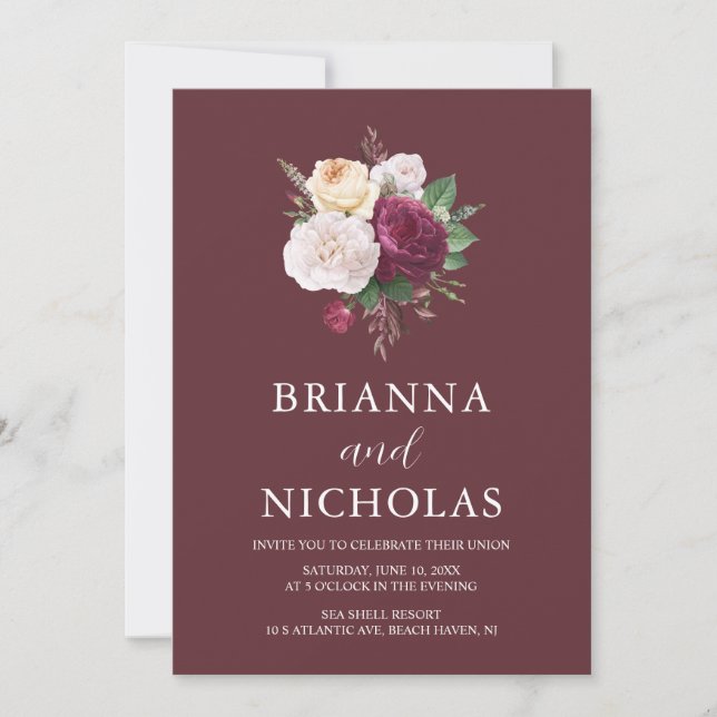 Elegante Burgundy Bloral All in One Wedding Einladung (Vorderseite)