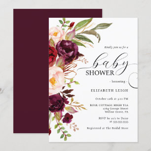 Elegante Burgundy Bloral Baby Shower Einladung