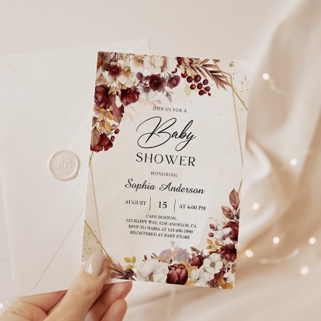 Elegante Burgundy Bloral Baby Shower Einladung (Von Creator hochgeladen)