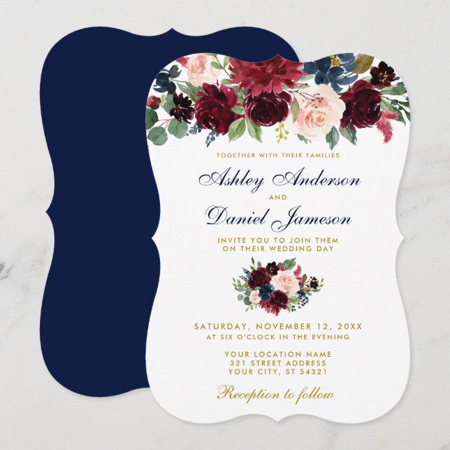 Elegante Burgundy Blue Watercolor Floral Wedding B Einladung (Vorne/Hinten)