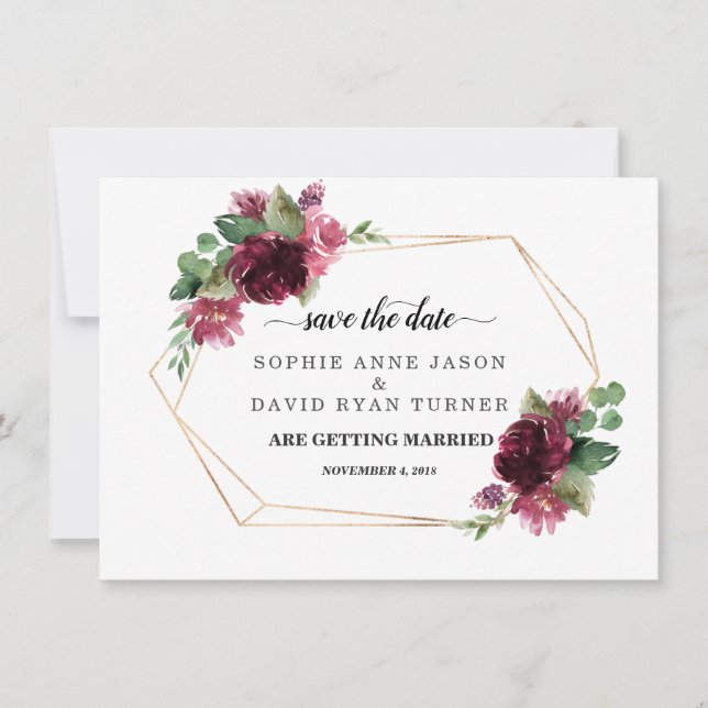 Elegante Burgundy Blume Goldrahmen Hochzeit Save The Date (Vorderseite)