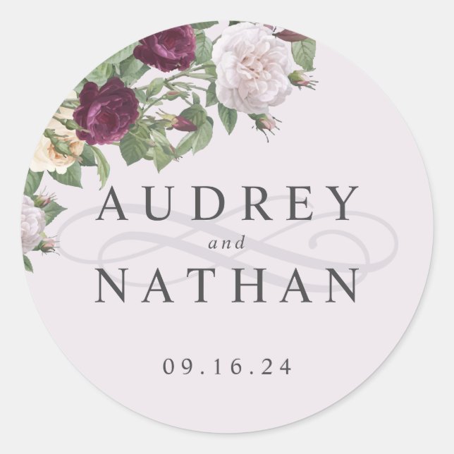 Elegante Burgundy Blume Personalisiert Hochzeit Runder Aufkleber (Vorderseite)