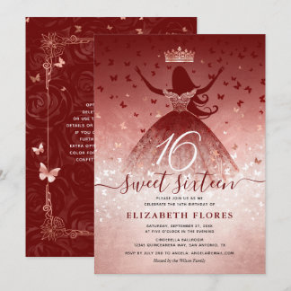 Elegante Burgundy Blume Rose Gold Sweet 16 Einladung