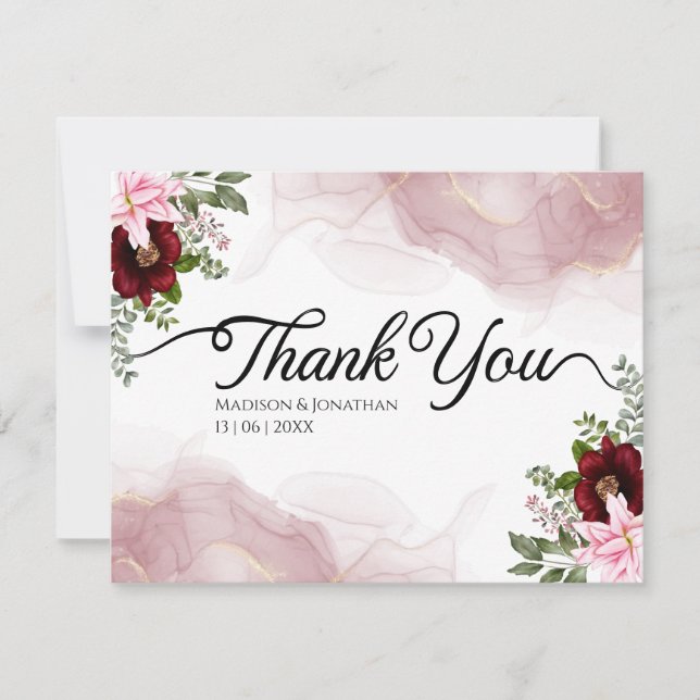 Elegante Burgundy Blume Wedding Dankeskarte (Vorderseite)