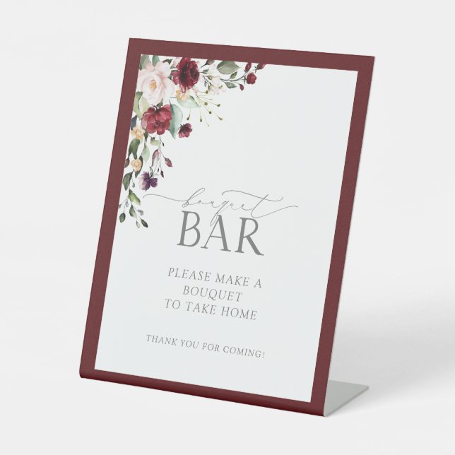 Elegante Burgundy Blumendusche Bouquet Bar Sockelschild (Vorderseite)