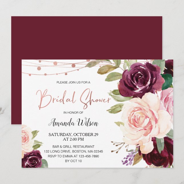 Elegante Burgundy Blumendusche Einladung (Vorne/Hinten)