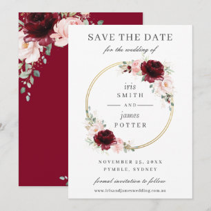 Elegante Burgundy Blush Bloral Circle Gold Wedding Save The Date