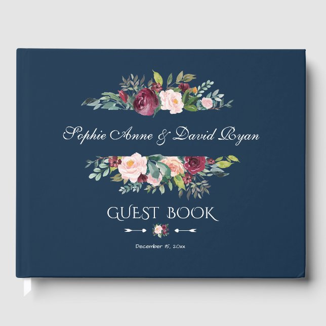 Elegante Burgundy Blush Bloral Navy Blue Wedding Gästebuch (Vorderseite)