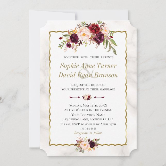 Elegante Burgundy Blush Blume Hochzeit Gold Marble Einladung (Vorderseite)