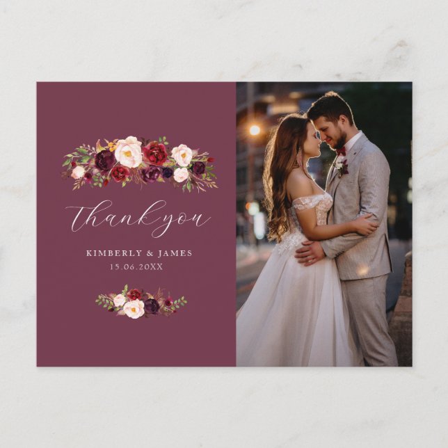 Elegante burgundy & blush Blume Vielen Dank Postkarte (Vorderseite)