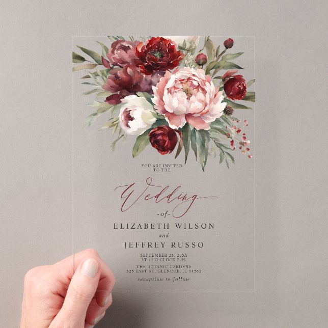 Elegante Burgundy Blush Botanical Floral Wedding Acryleinladungen (Insitu (Handheld))