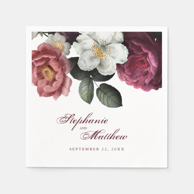 Elegante Burgundy Blush Botanische Hochzeit Serviette (Vorderseite)