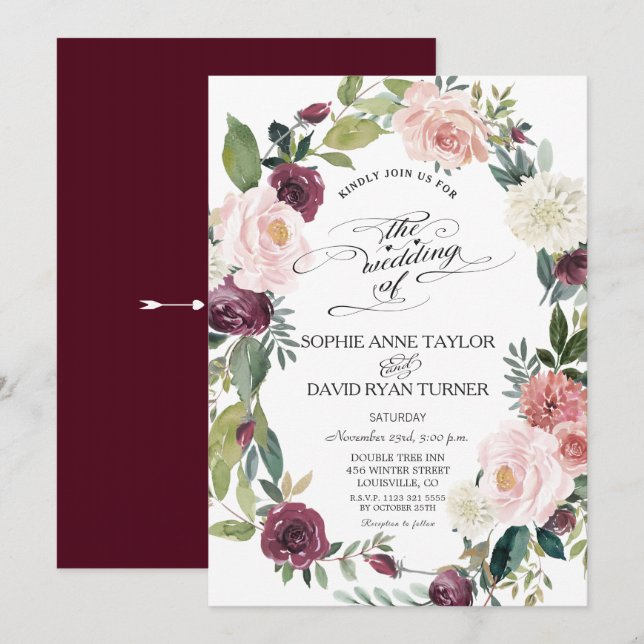 Elegante Burgundy Blush Elfenbeinblumenzeremonie Einladung (Vorne/Hinten)