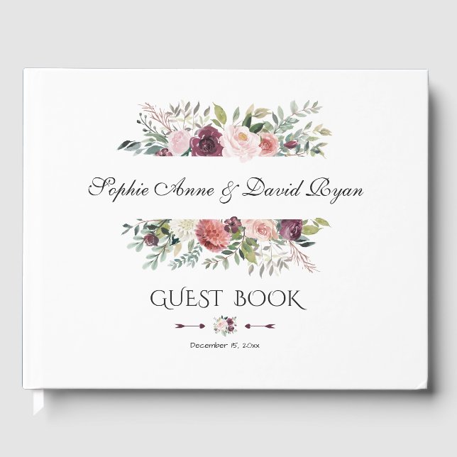 Elegante Burgundy Blush Elfenbeinblumenzeremonie Gästebuch (Vorderseite)