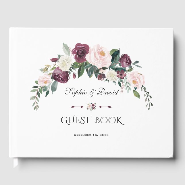 Elegante Burgundy Blush Elfenbeinblütenhochzeit Gästebuch (Vorderseite)