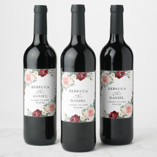 Elegante Burgundy Blush Floral Wedding Personalisi Weinetikett