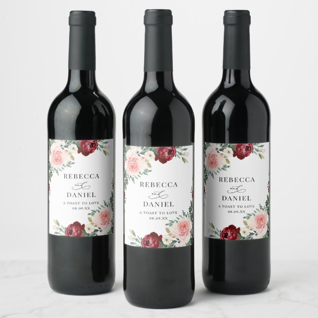 Elegante Burgundy Blush Floral Wedding Personalisi Weinetikett (Flaschen)