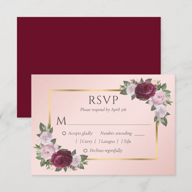Elegante Burgundy Blush Gold Wedding RSVP Cards (Vorne/Hinten)
